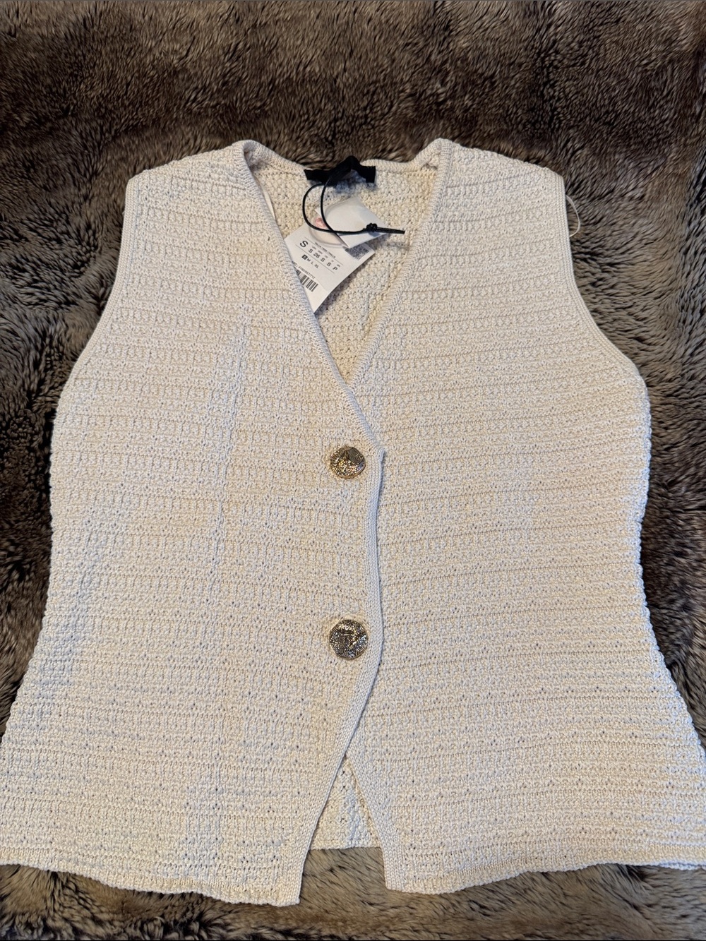 Zara Cream Knit V-Neck Buttoned Sweater Vest